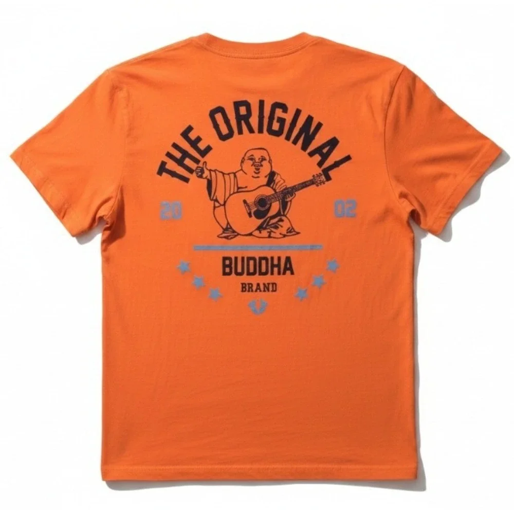 True Religion Buddha Graphic Crew Neck T-Shirt Mens M Orange Short Sleeve